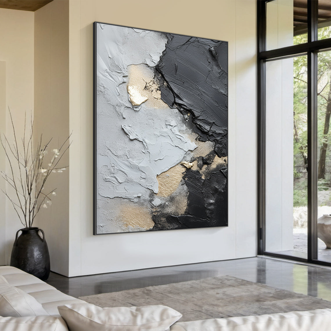 Dynamic Metallic Canvas – Charcoal, Silver & Gold Accents – AURA002(Horizontal)
