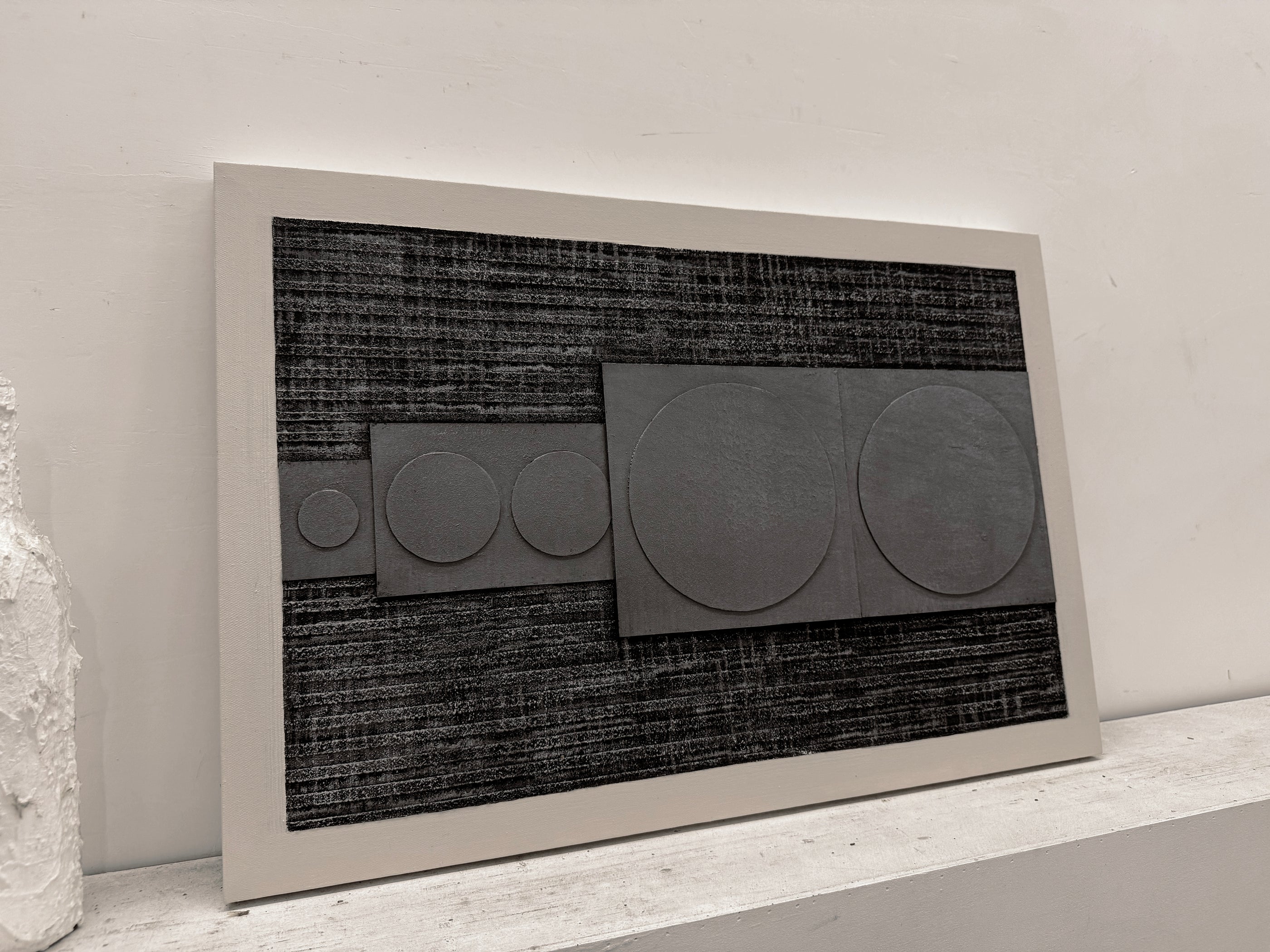Abstract Textured Geometric Art Plaster Black Gray Sculpted Canvas Wabi-Sabi Japandi Minimalist Wall Decor AURA728