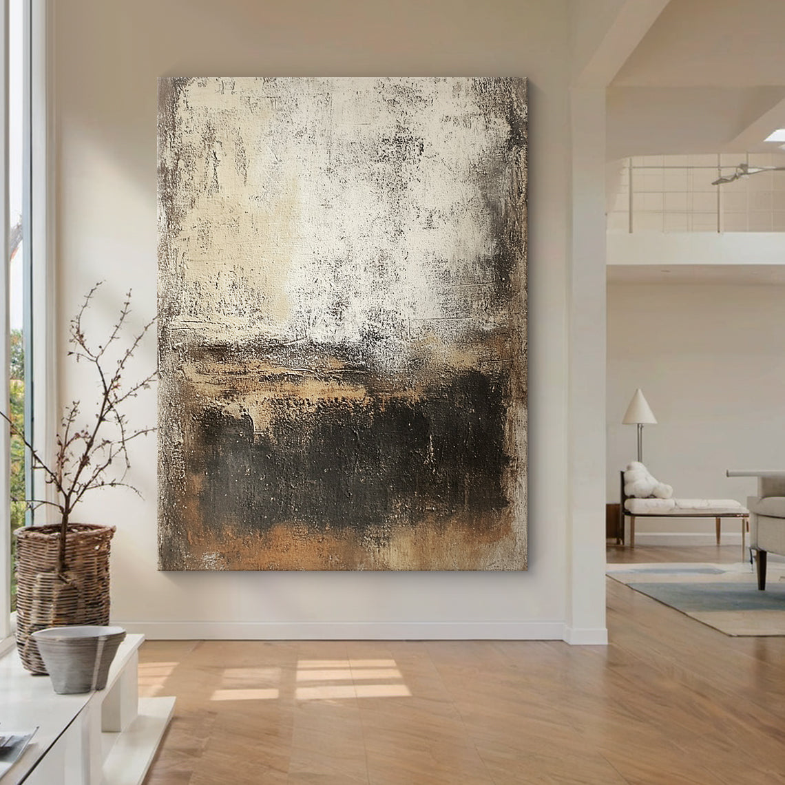 Wabi Sabi Abstract Art Beige Black Distressed Tactile Plaster-like Organic Wall Decor AURA591