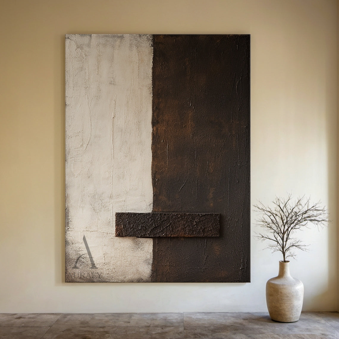 Beige and Brown Minimalist Painting with a Coarse Crossbar - AURA842