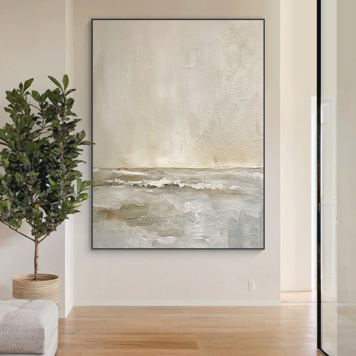 Dreamy Seascape Painting – Misty Taupe & Cream – AURA043(Vertical)