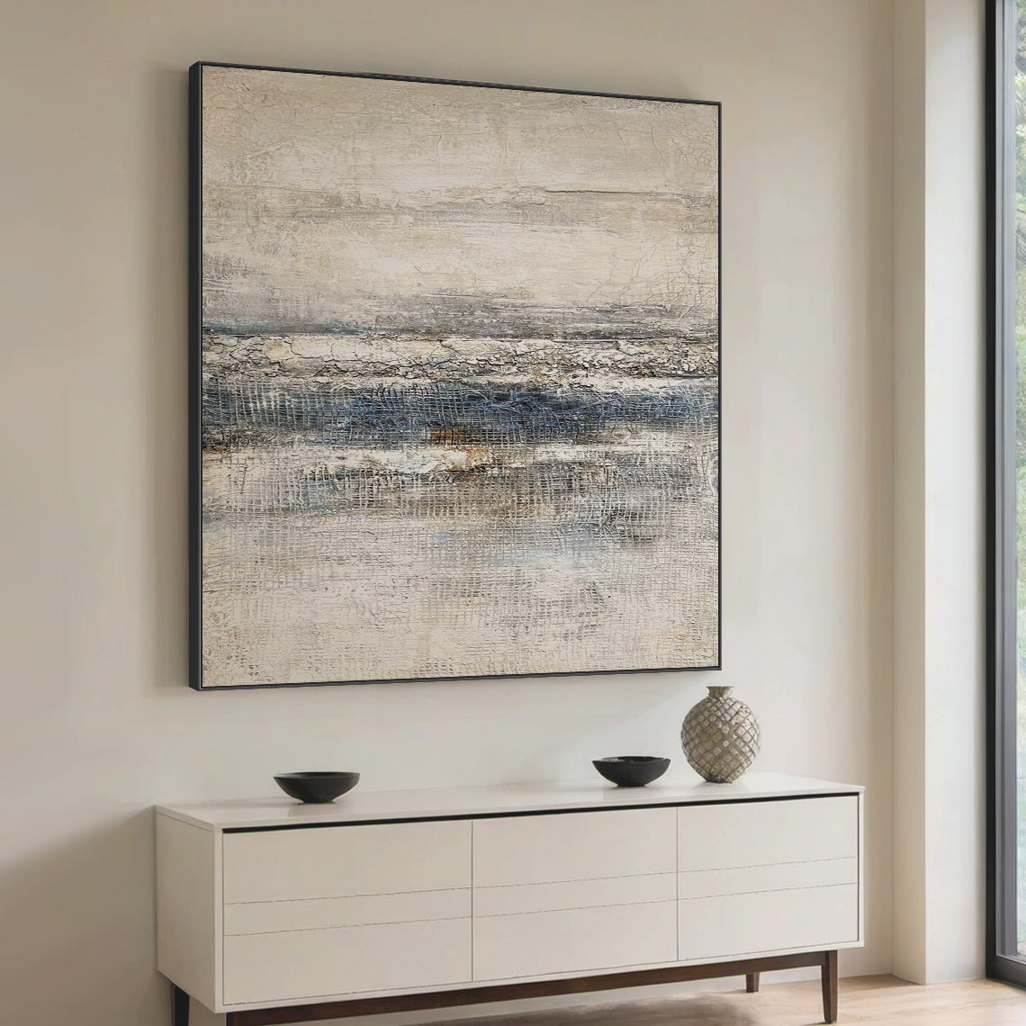 Frozen Silence – White & Grey Wabi-Sabi Textured Wall Art – AURA036(Horizontal)
