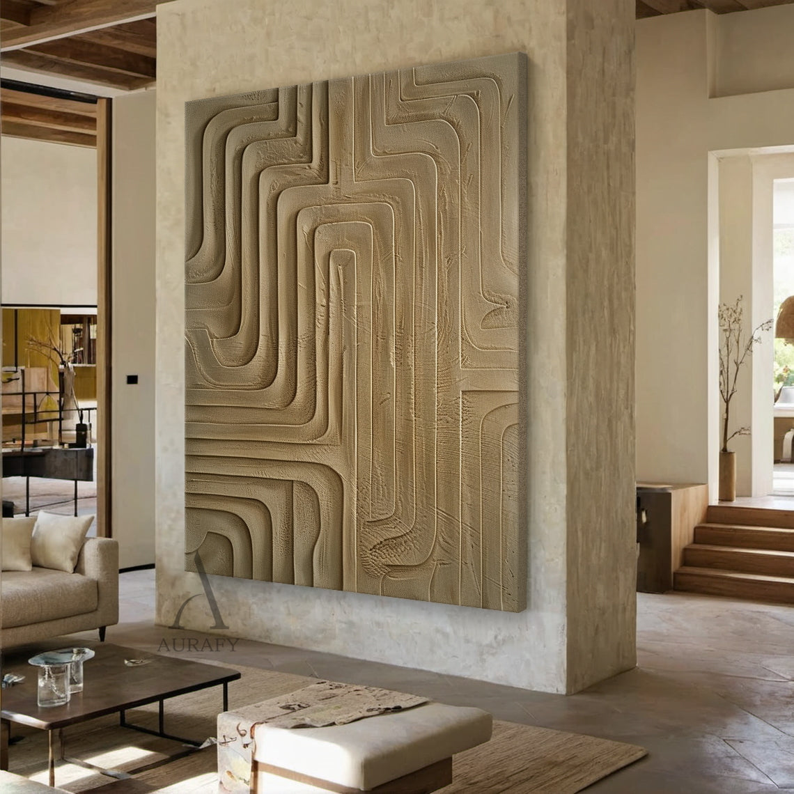 Minimalist Wall Art Brown High-Relief Plaster Tactile Surface Sculpted Geometric Lines Minimalist Luxe Decor AURA432