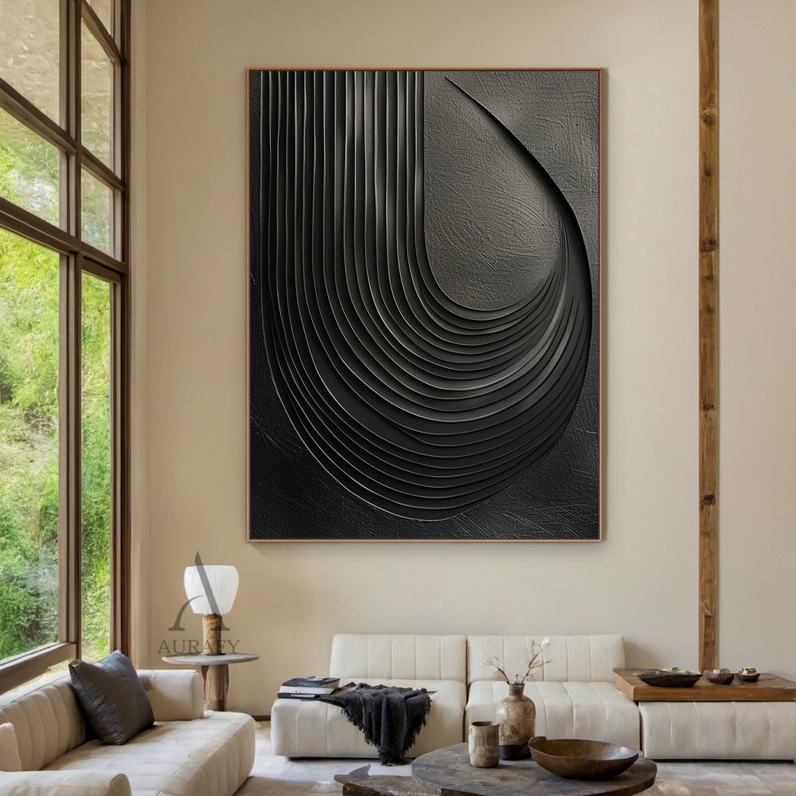 Minimalist Black Wall Art High-Relief Layered Curves Tactile Surface Modern Minimalist Piece AURA428