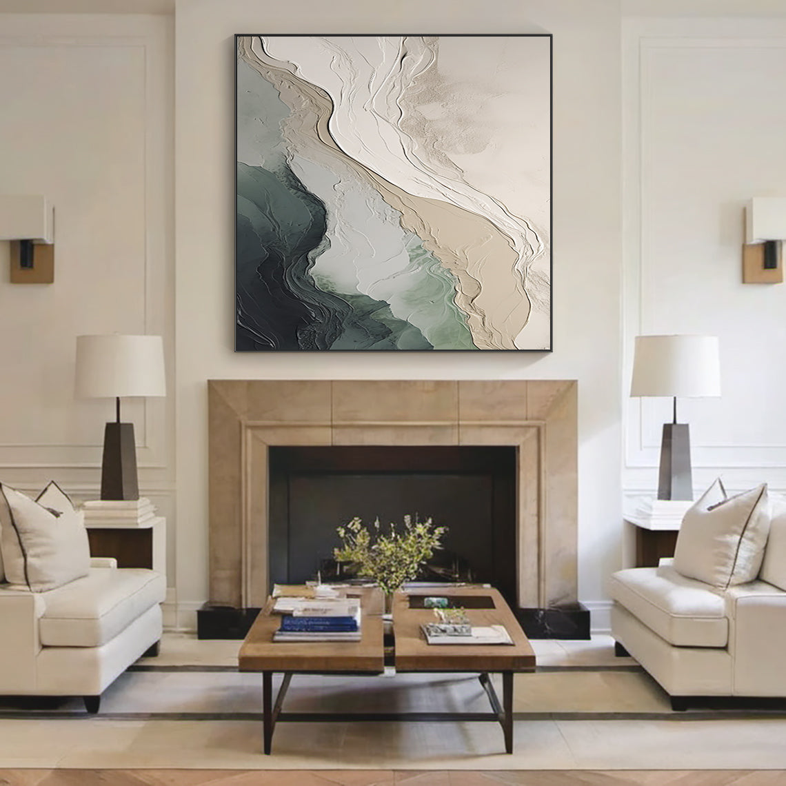 Textural Abstract Wall Art – Ocean Green & Sand Layers – AURA039(Horizontal)