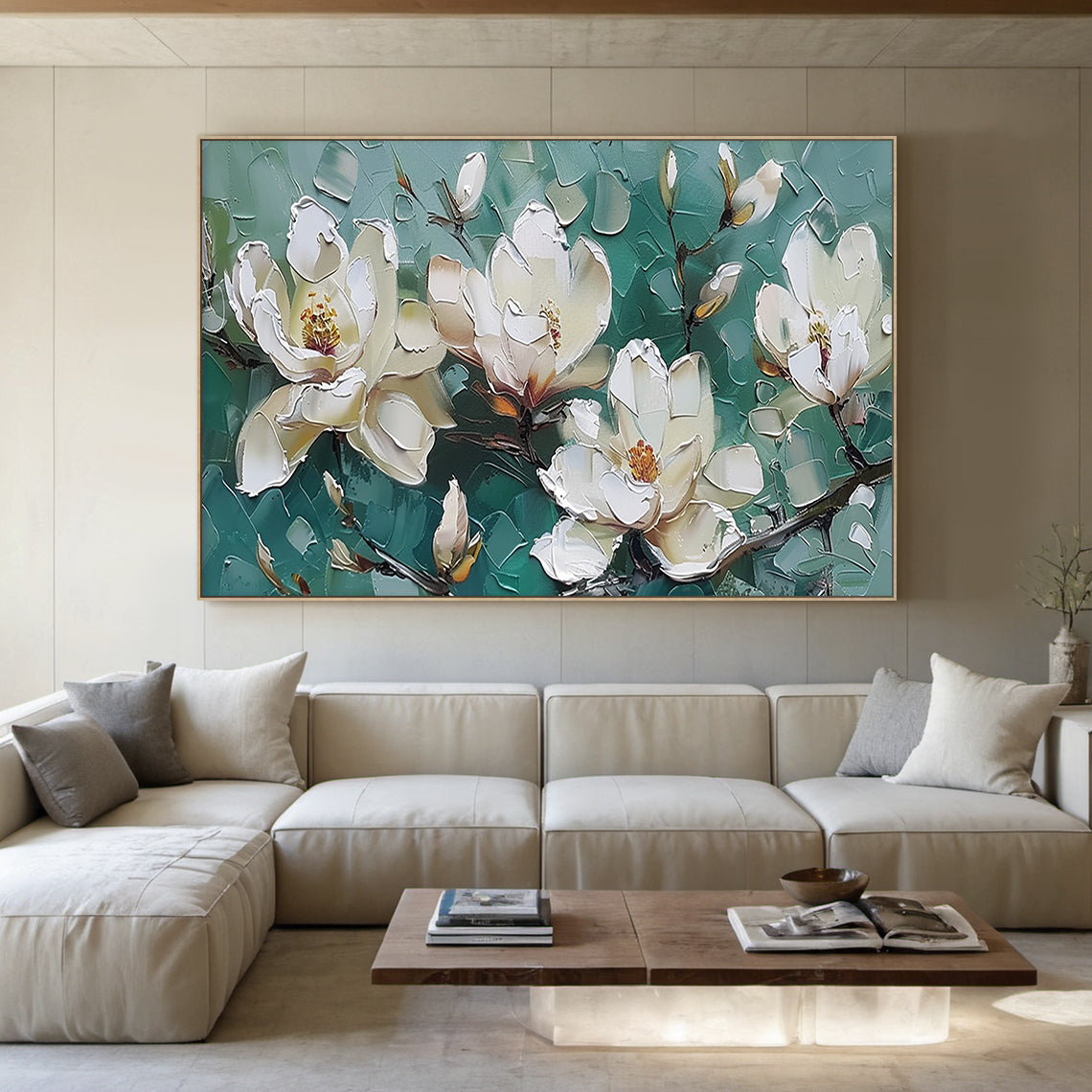 Textured Magnolia Oil Painting Green White Palette Knife Modern Organic Japandi Floral Wall Decor AURA717