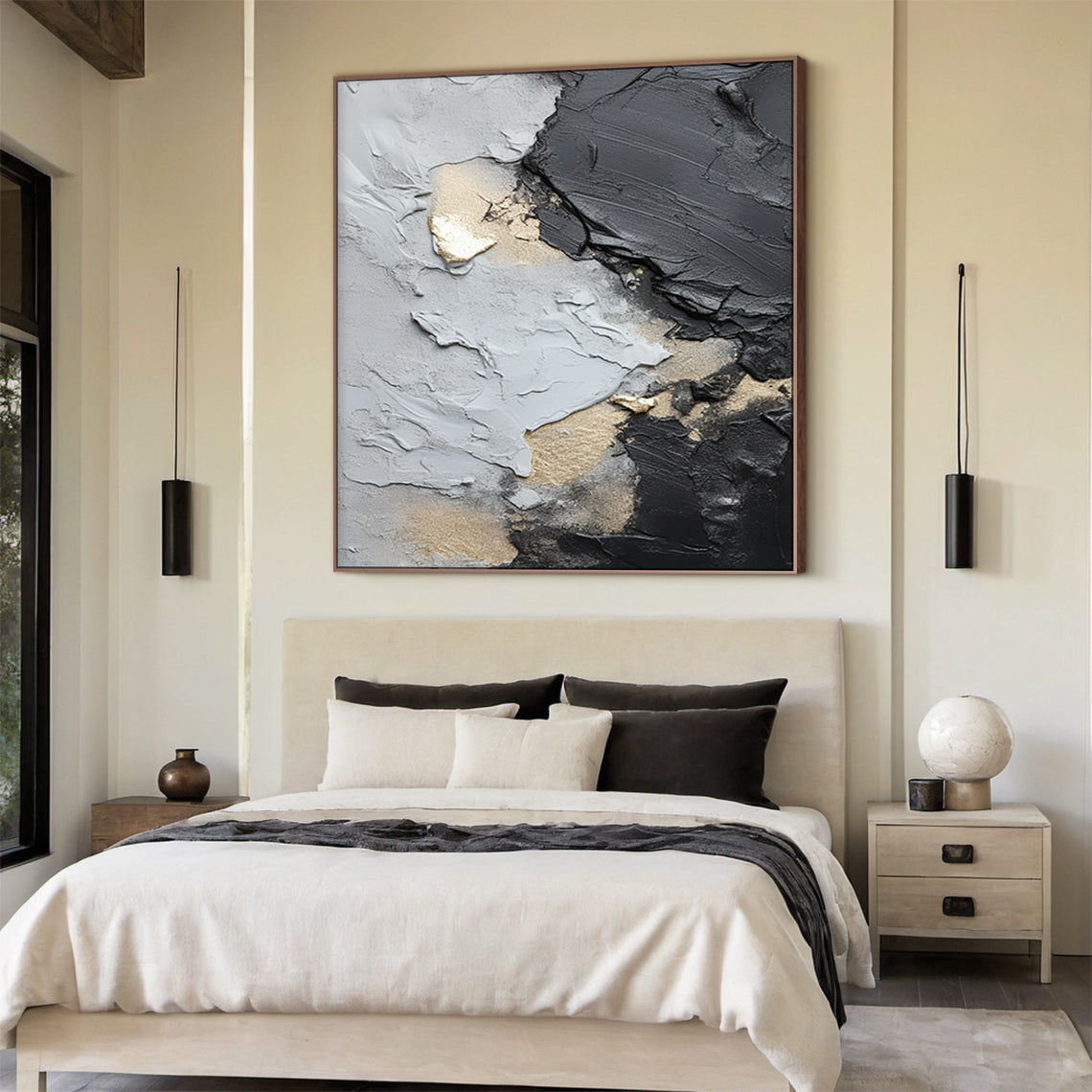 Dynamic Metallic Canvas – Charcoal, Silver & Gold Accents – AURA002(Horizontal)