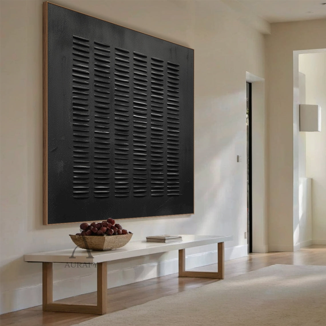 Black Minimalist Abstract Art Embossed Lines Tactile Subtle Worn Surface Monochromatic Piece AURA602