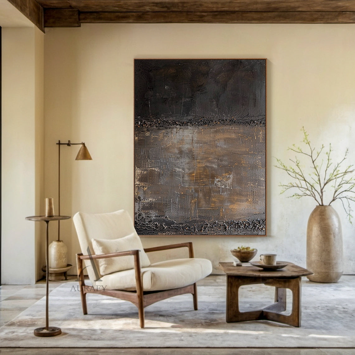 Black and Brown Abstract Painting with Granular Border Lines - AURA845