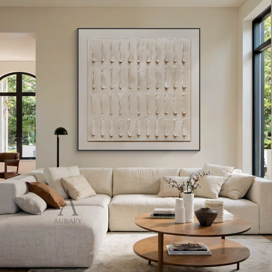 Beige Abstract Plaster Textured Art Sculpted Vertical Grid Tactile Minimalist Luxe Canvas AURA605