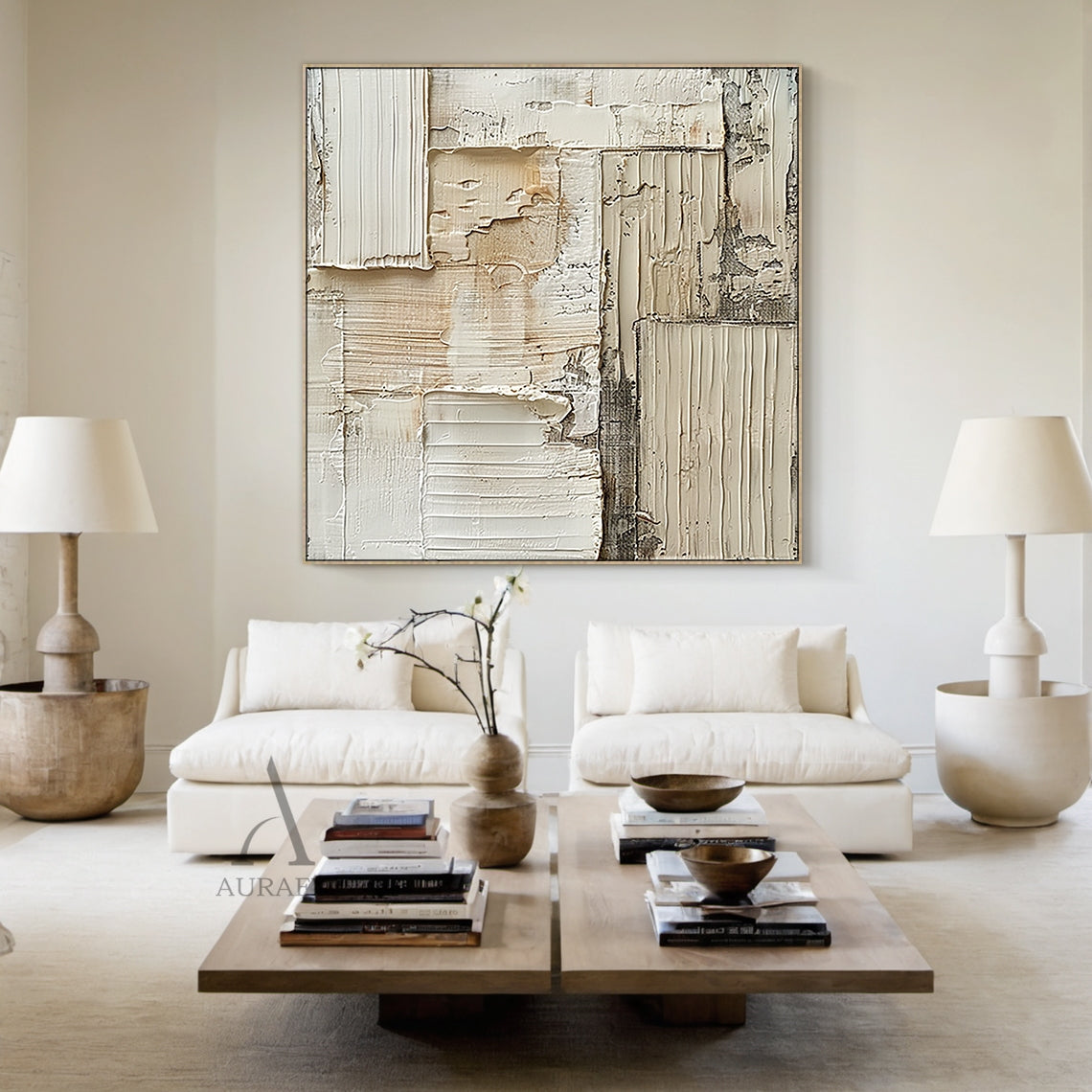 Weathered Grid, Beige Ridged Plaster Abstract Painting AURA868