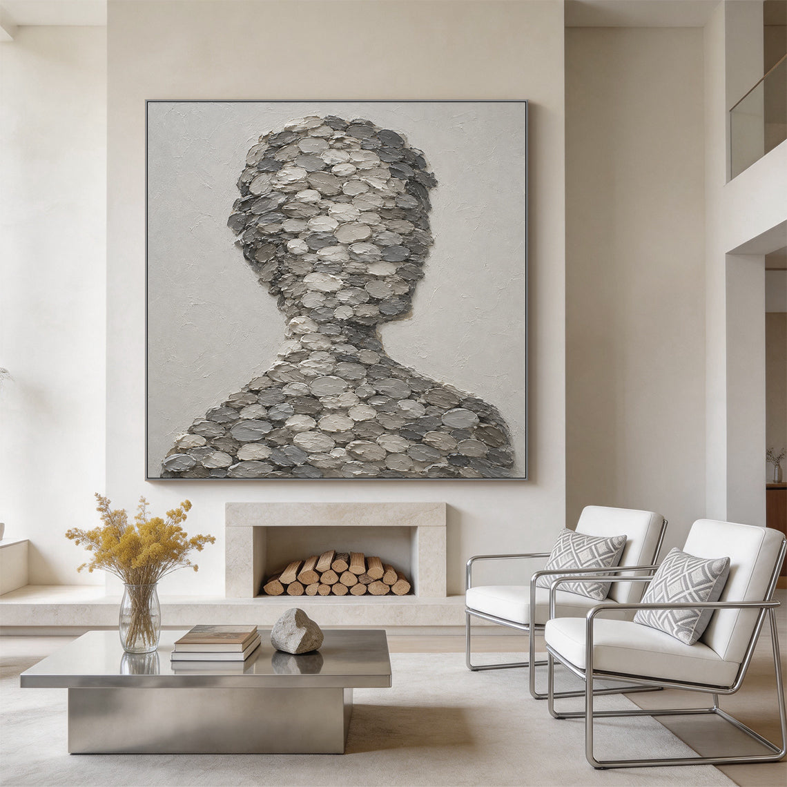 3D Textured Gray Plaster Wabi-Sabi Human Silhouette Knife Stroke Sculpted Canvas Minimalist Japandi Wall Art AURA703