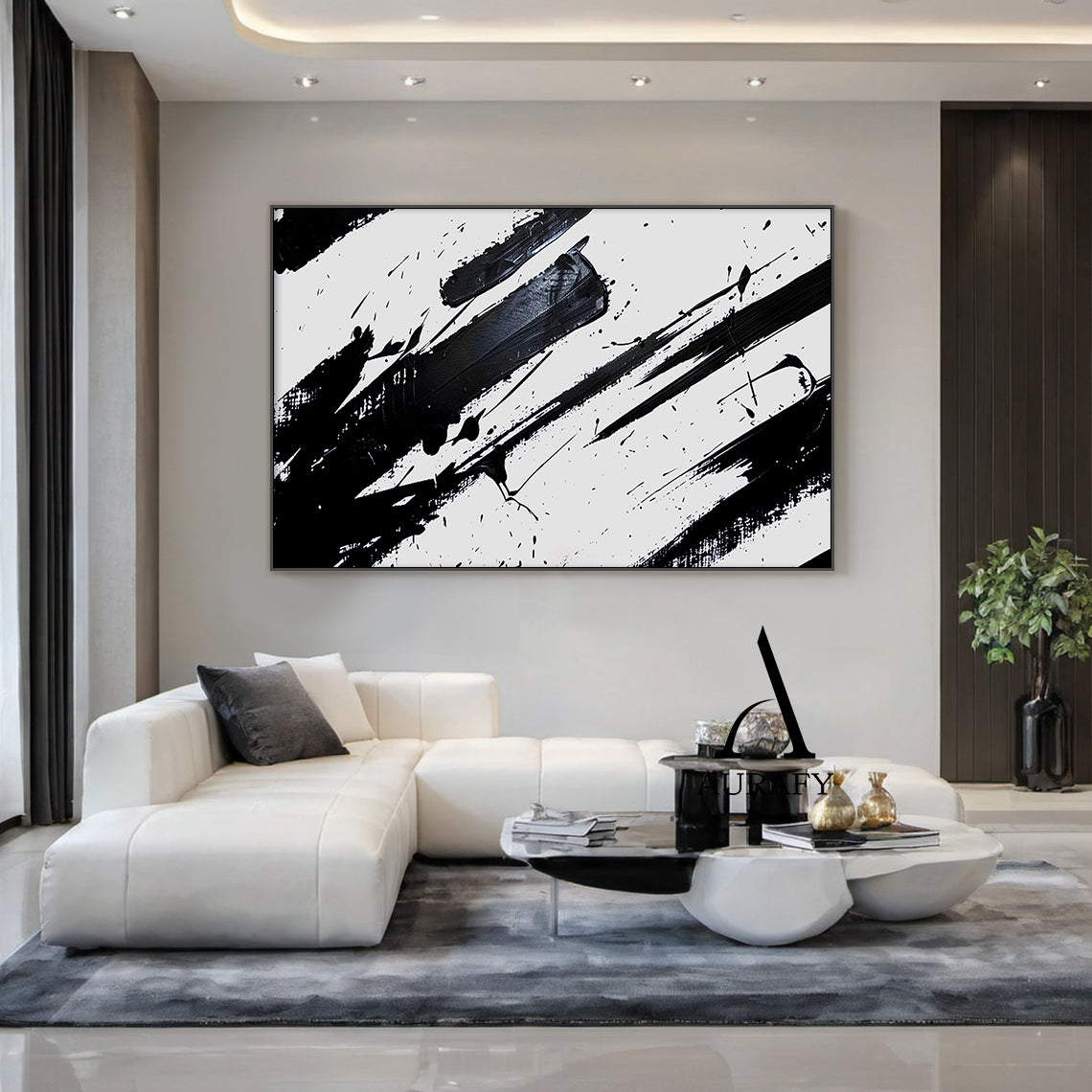 Minimalist Wall Art Black White Abstract Brushstroke Ink Splatter Dynamic Tactile Art AURA551