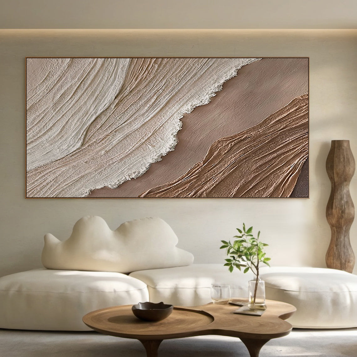 Minimalist Grid Texture Wall Art – Warm Beige Tones – AURA060 (Horizontal)