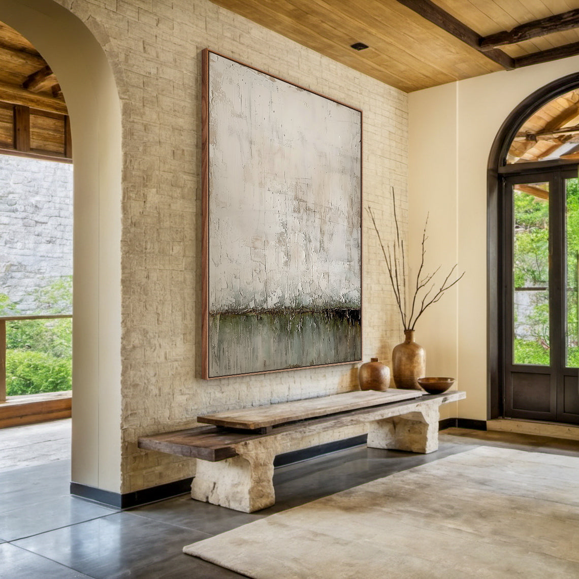 Wabi Sabi Plaster Textured Beige Green Impasto Scuffed Peeling Dripped Modern Artwork AURA576