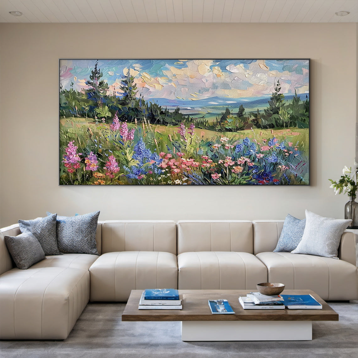 Green Wildflower Mountain Landscape Impasto Knife Stroke Oil Painting Textured Canvas Modern Organic Wall Art AURA713