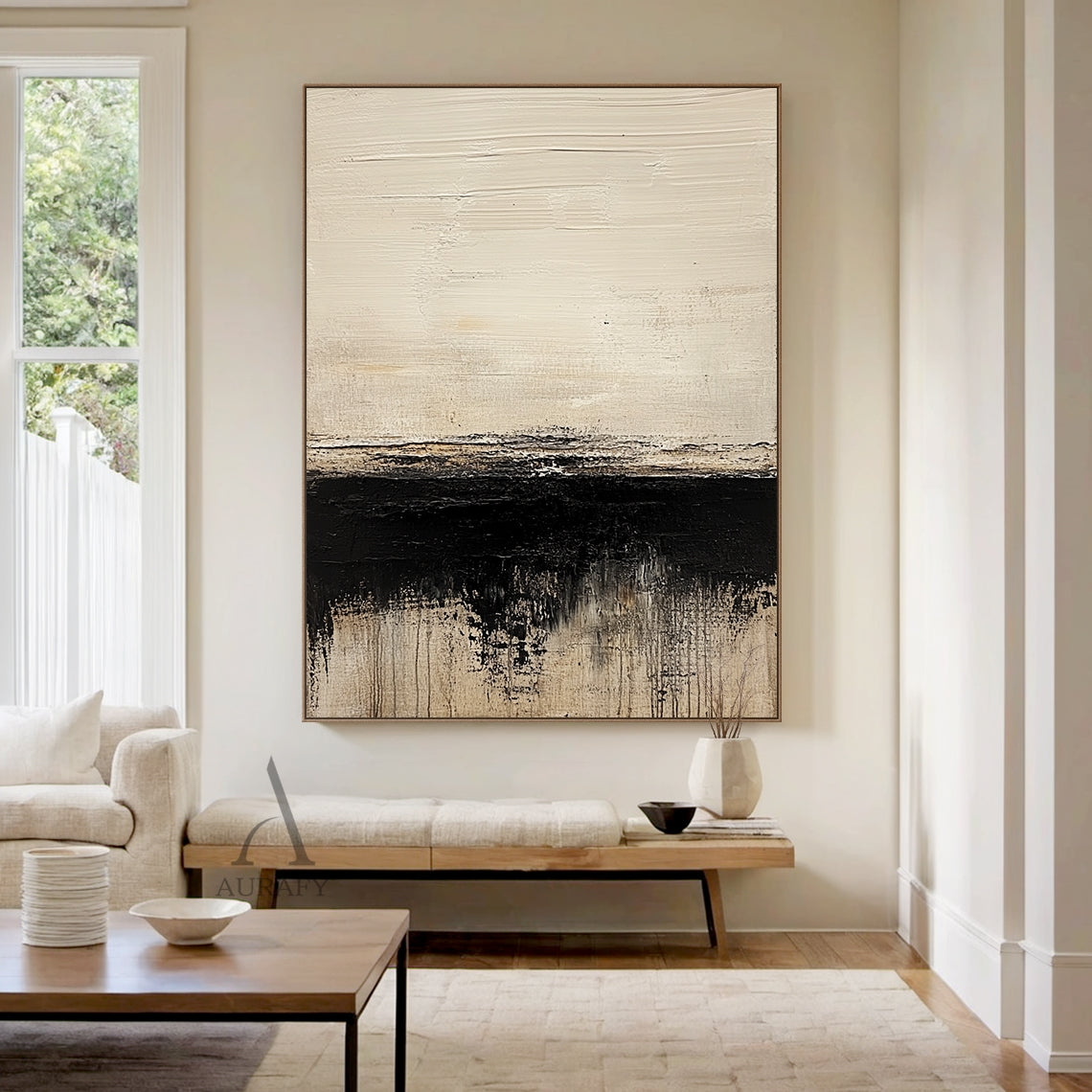 Abstract Art Black Beige Tactile Plaster Textured Knife Strokes Dripping Effects Modern Art AURA643