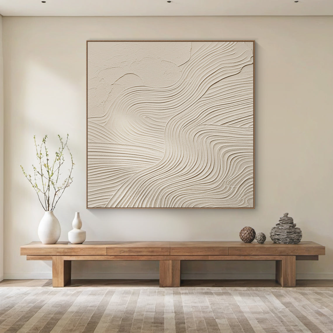 Flowline Texture Painting – Cream & Linen Tones – AURA045(Vertical)