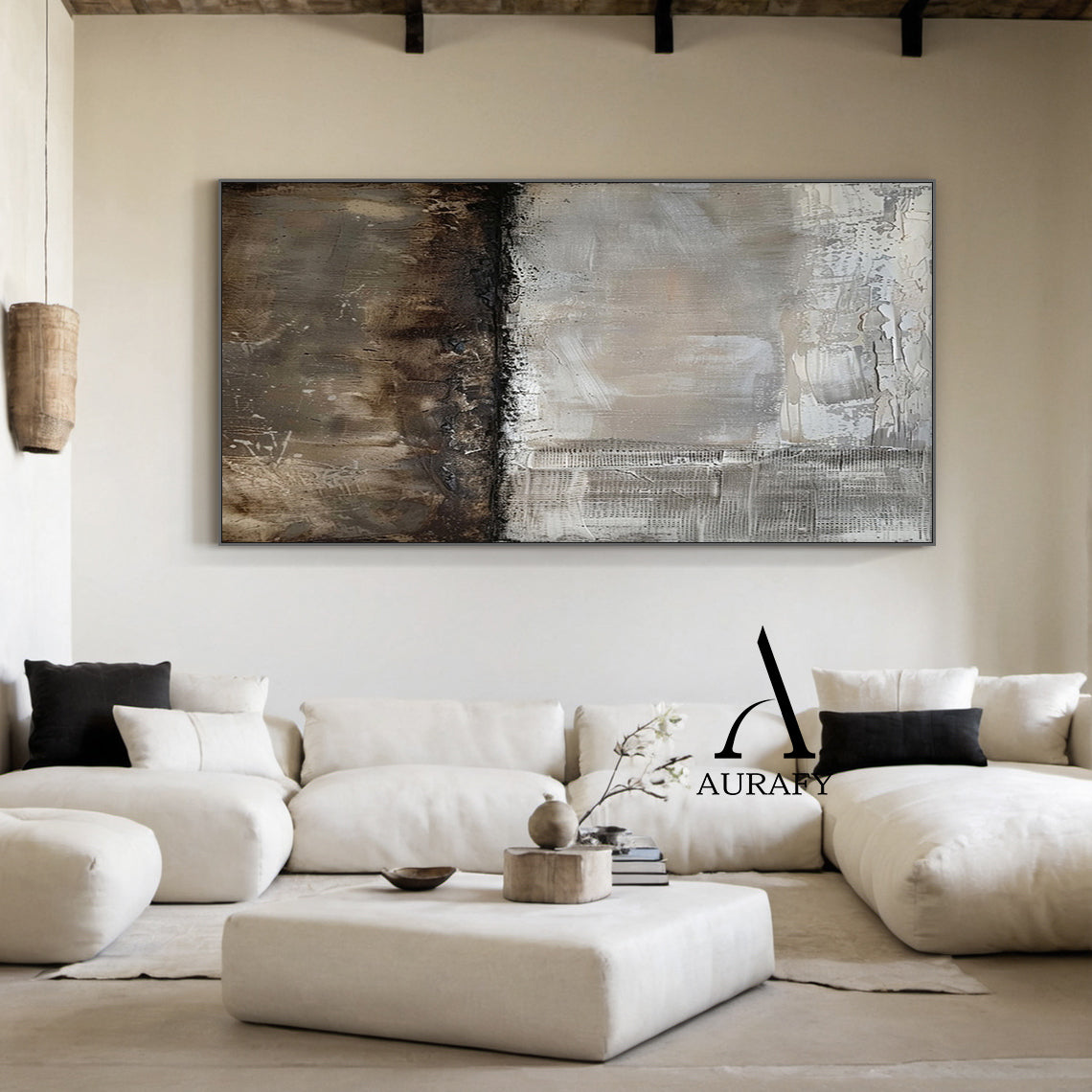 Wabi Sabi Abstract Art Gray Brown Tactile Plaster Textured Grid Indentations Knife Strokes AURA564