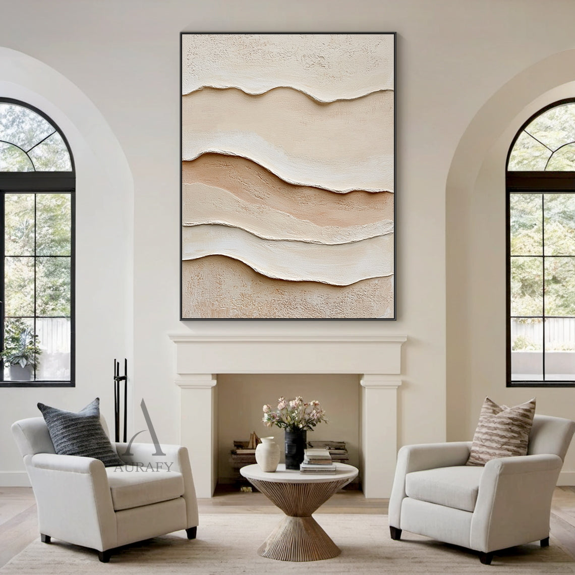 3D Textured Beige Painting Tactile Plaster Surface Sculpted Wave Modern Organic Wabi-Sabi Artwork AURA435