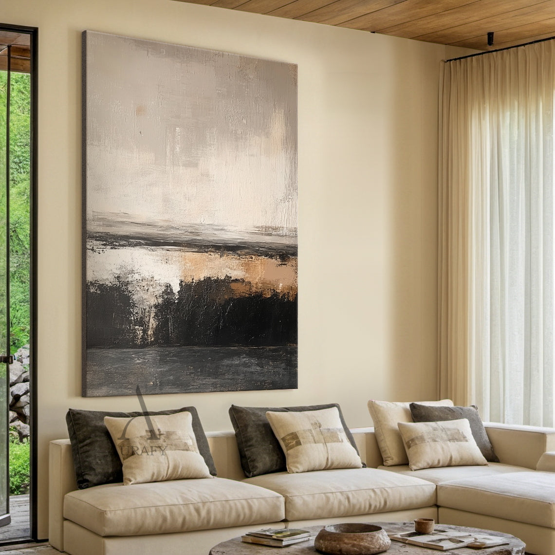 Beige and Black Abstract Painting with a Broken Ochre Accent - AURA852