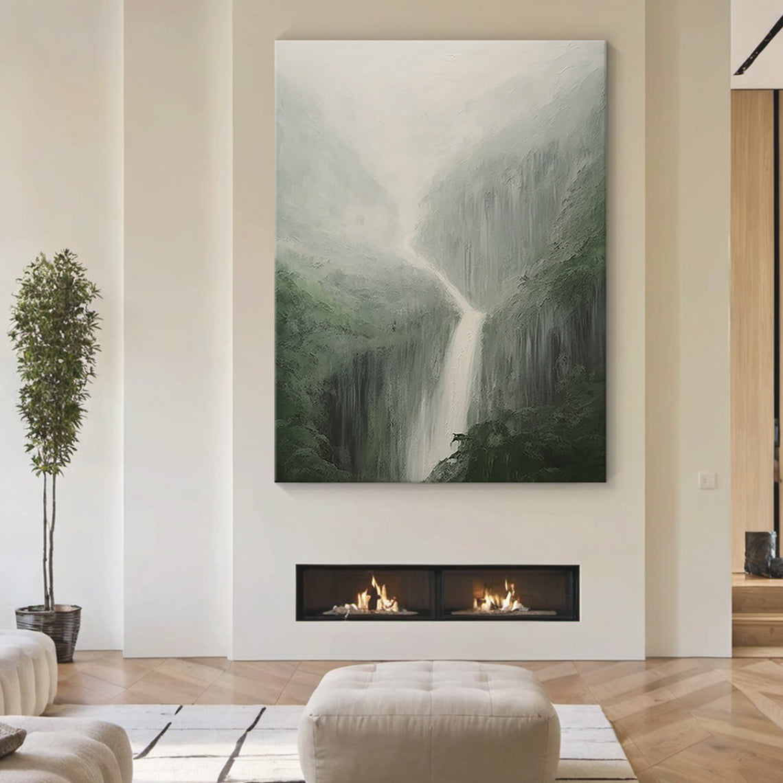 Minimalist Landscape Wall Art-Misty Waterfall & Forest Green-AURA040