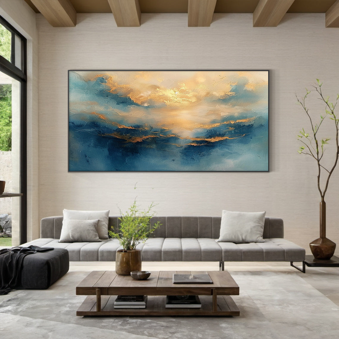 Textured Blue Gold Abstract Landscape Plaster Knife Stroke Japandi Wall Art Minimalist Luxe Home Decor AURA709