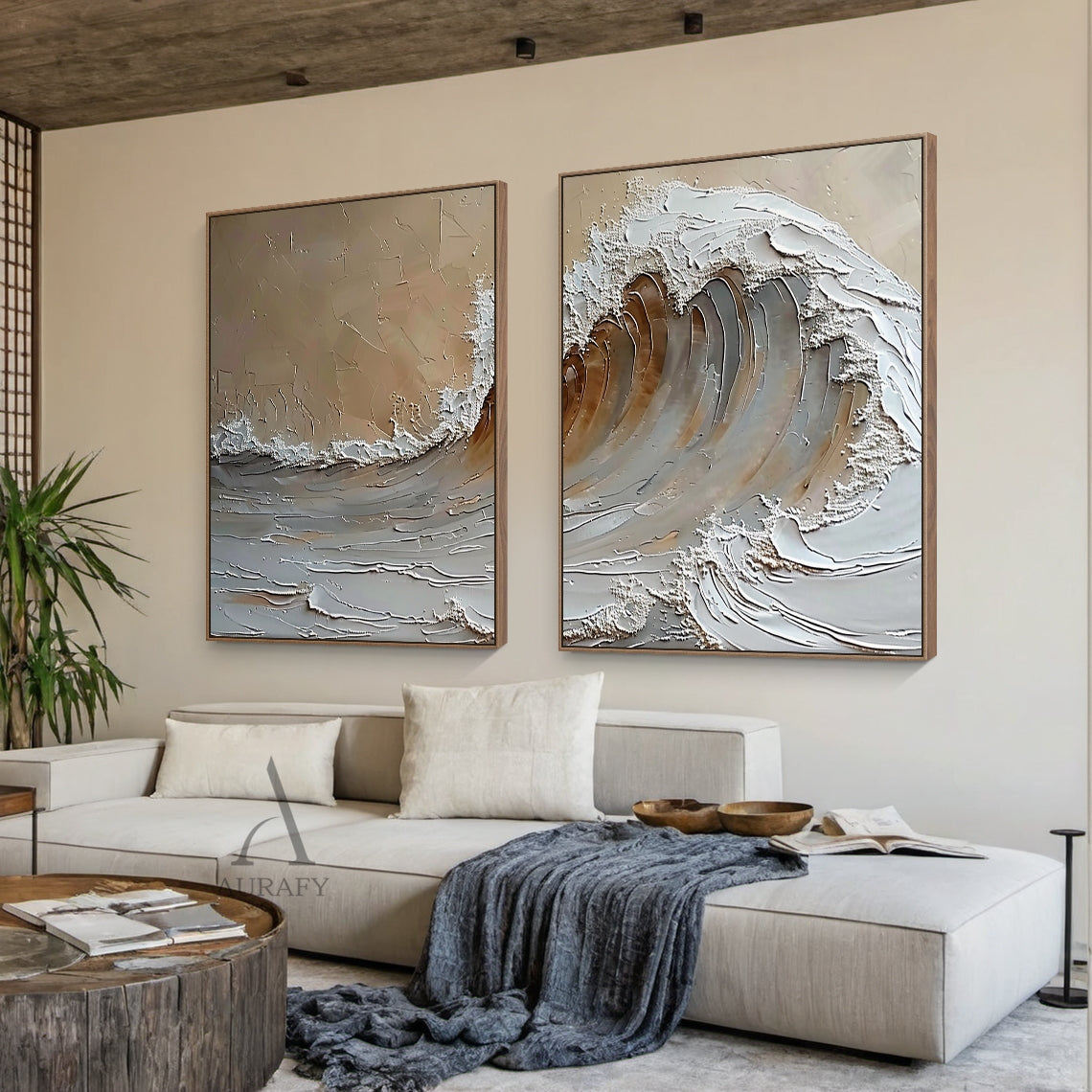 Brown Textured Ocean Wave Wall Art Set of 2 - AURA670