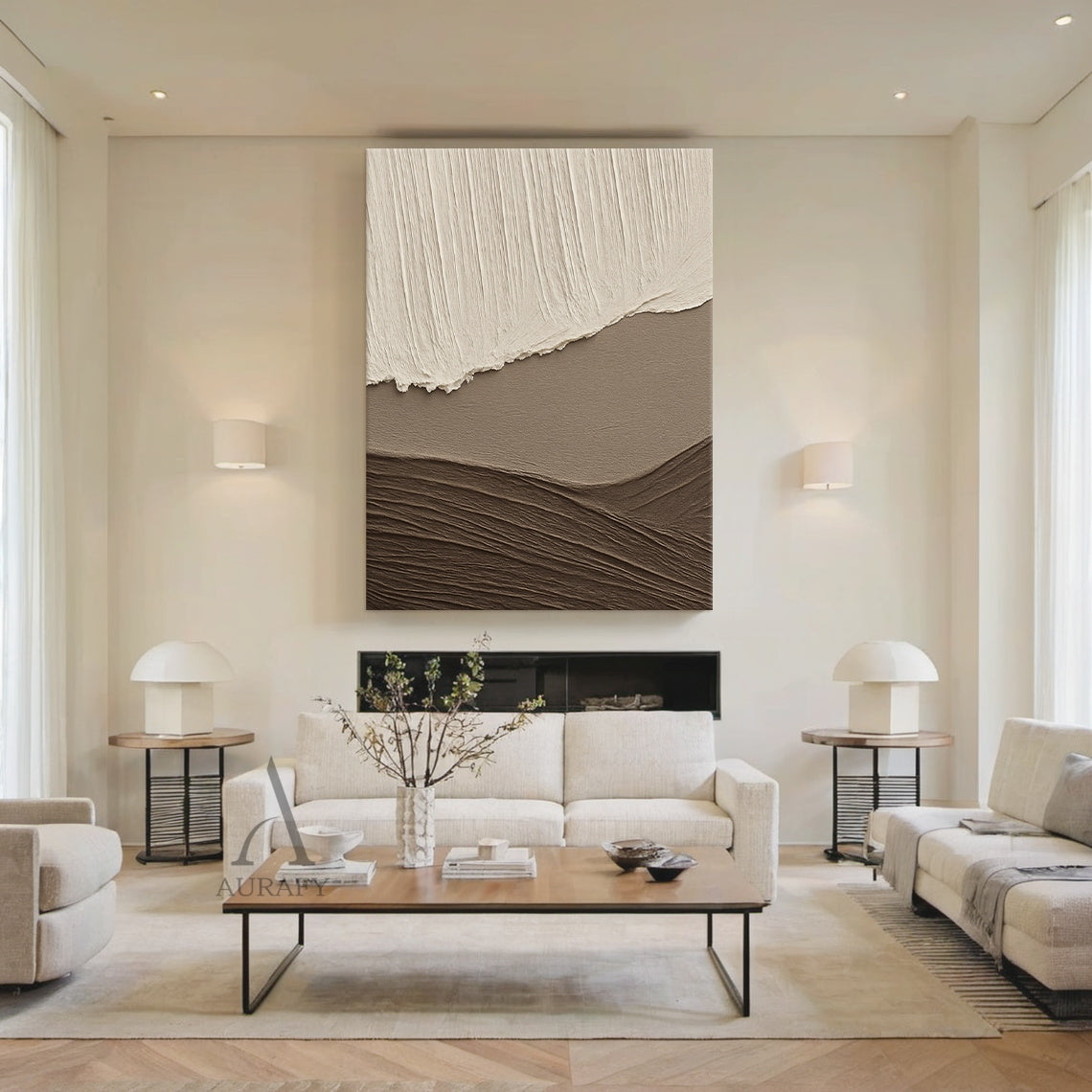 Beige Brown Landscape Art Thick Textured Canvas with Vertical Strokes Wavy Folds Modern Organic Minimalist Luxe AURA469