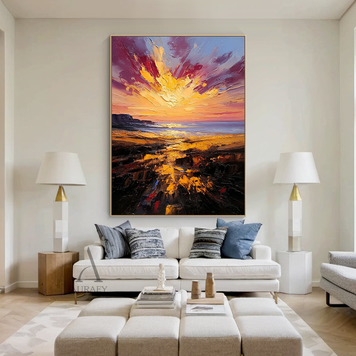 Textured Landscape Oil Painting Brown Red Coastal Sunset Knife Stroke Tactile Modern Canvas Wall Decor AURA747
