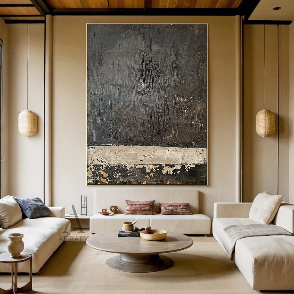 Black & Ivory Cracked Textured Abstract Wall Art - AURA819