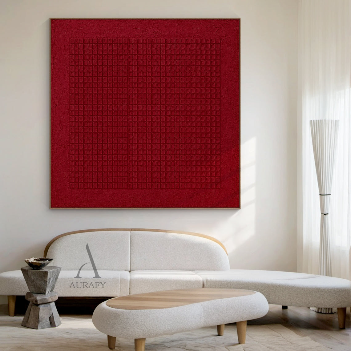 Red Abstract Art Geometric Tactile Canvas Embossed Grid Minimalist Textured Wall Decor AURA624