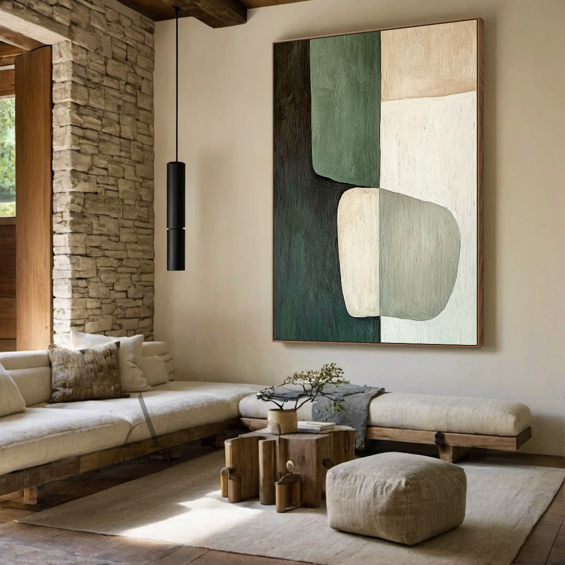 Abstract Green Beige Art with Tactile Brushstroke Texture Modern Organic Minimalist Work AURA612