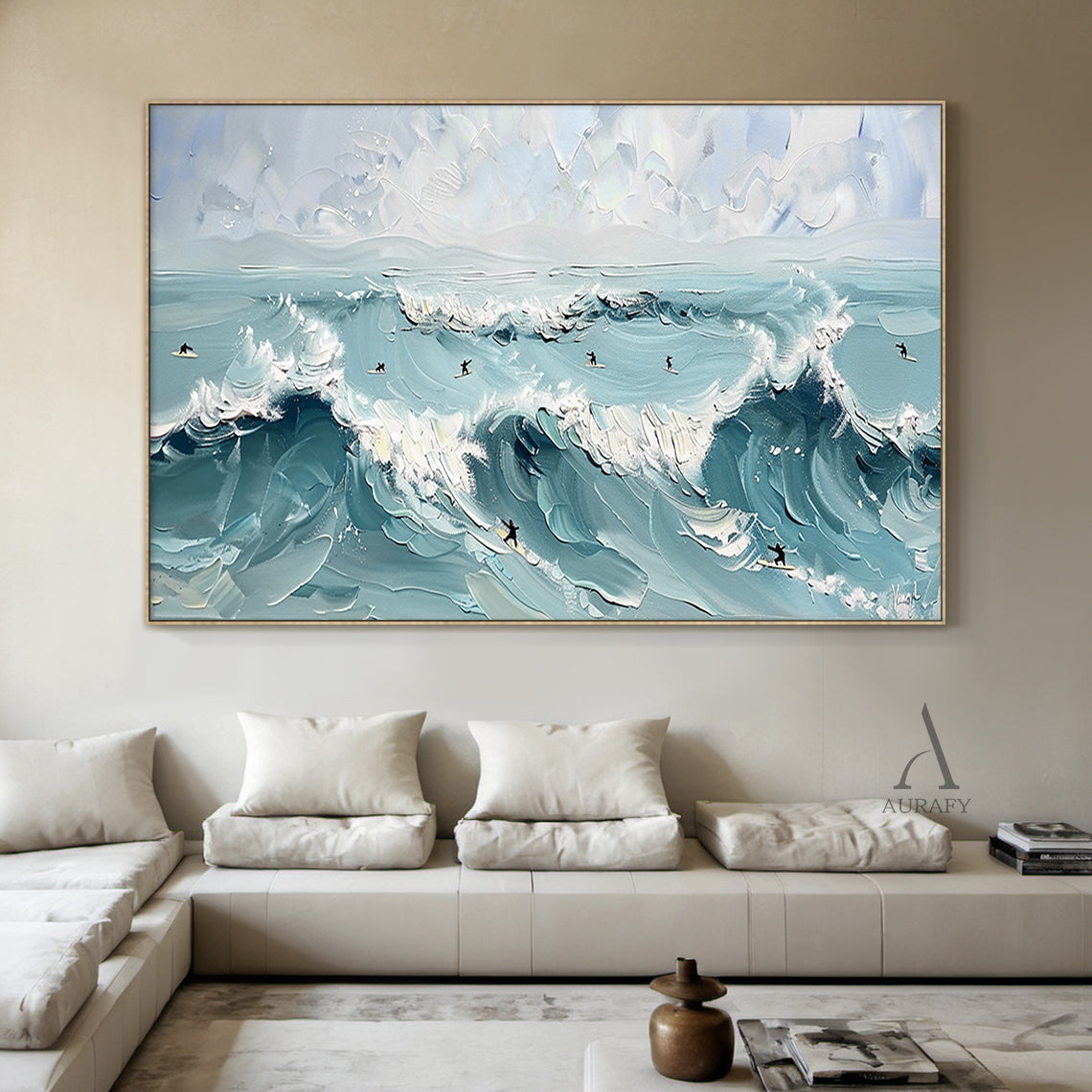 Blue Ocean Surf Art Thick Impasto Palette Knife Modern Expressionism Tactile Waves Surfers AURA415