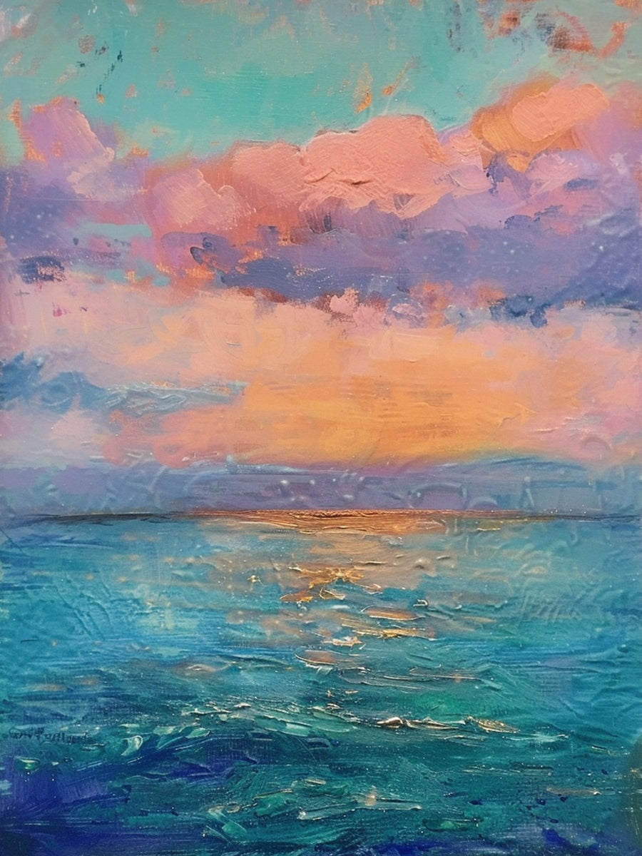 Blue Pink Textured Landscape Knife Stroke Coastal Sunset Canvas Wall Art Modern Organic Home Decor AURA712