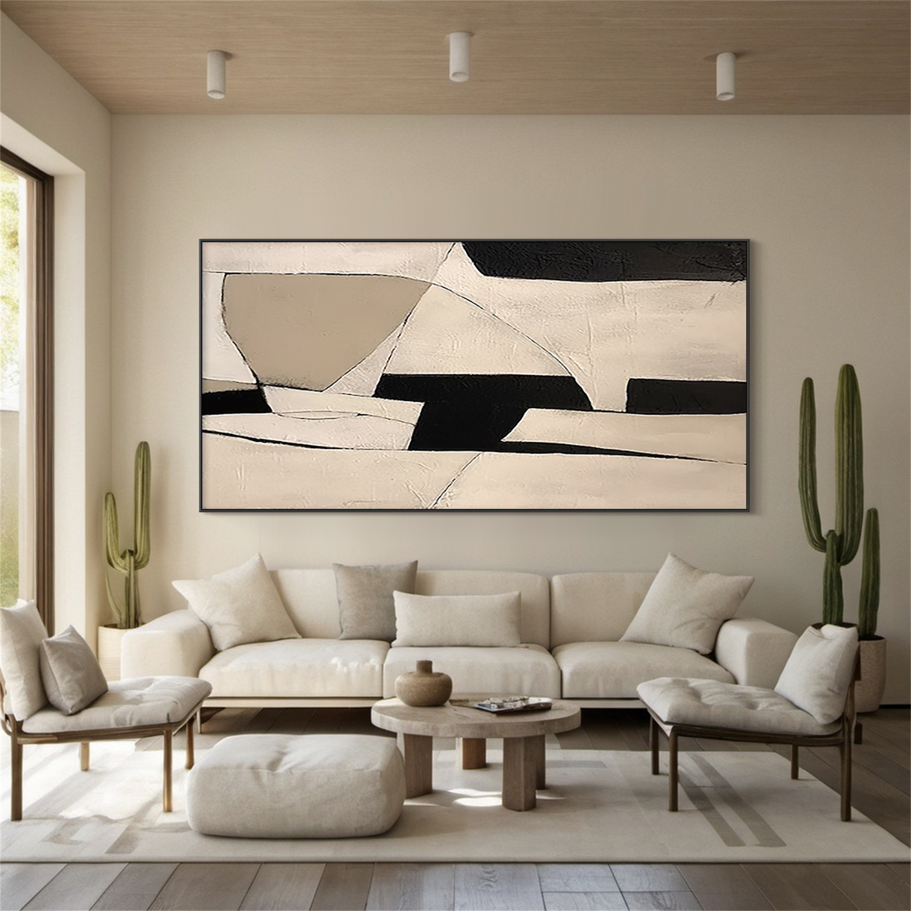 Quiet Geometry Minimalist Geometric Abstract Oil Painting Cream, Taupe & Black Interplay -AYRA019
