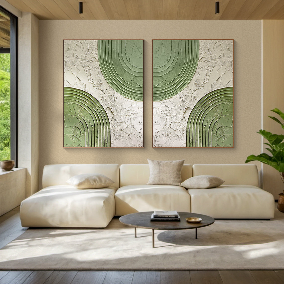 Paired Arc-Green & Beige Geometric Texture Field -AURA170