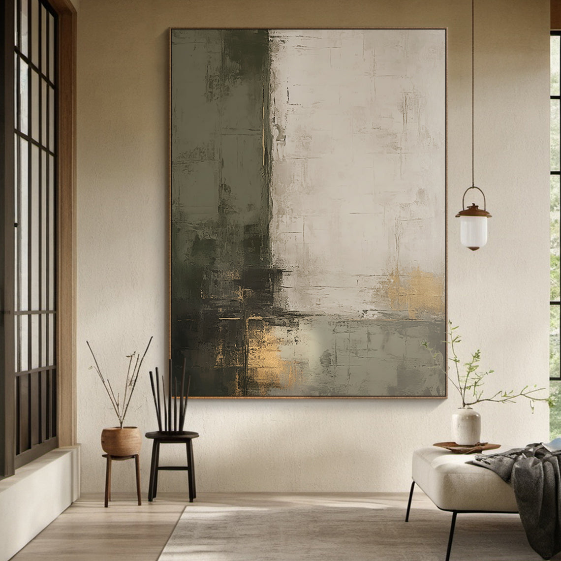 Shadow Reverie Canvas — Olive Grey & Sand Textured Wall Art – AURA077