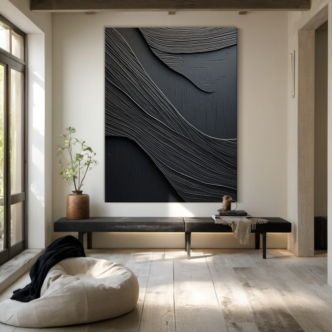 Obsidian Flow-Black 3D Textured Art-AURA068