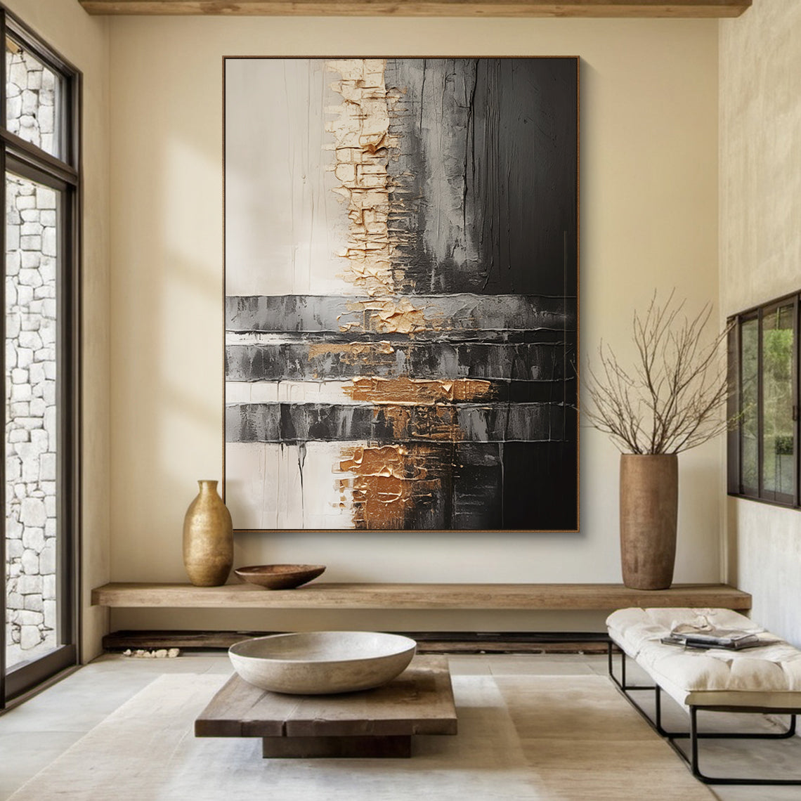 Bronze Axis Canvas — Charcoal & Ivory Textured Wall Art – AURA102