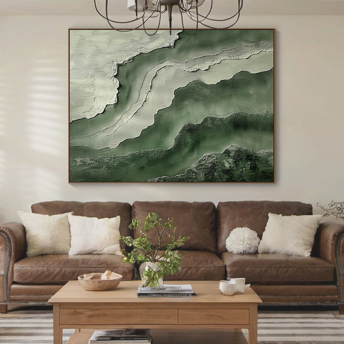 Abstract Textural Wall Art – Forest Green & Stone Layers – AURA041(Vertical)