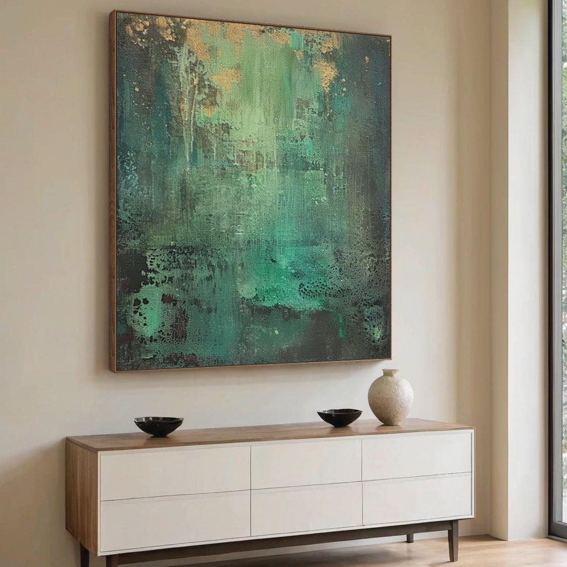 Textural Abstract Wall Art – Emerald Green & Gold Patina – AURA038(Vertical)