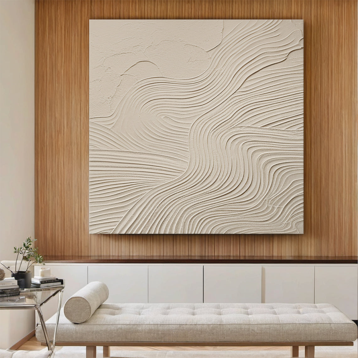 Flowline Texture Painting – Cream & Linen Tones – AURA045(Vertical)