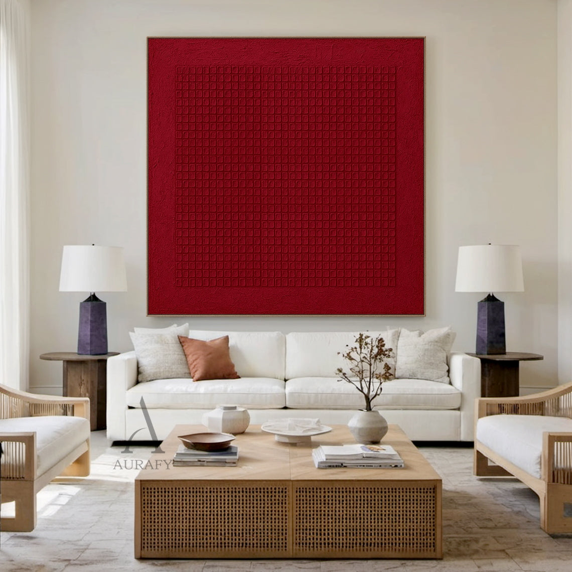 Red Abstract Art Geometric Tactile Canvas Embossed Grid Minimalist Textured Wall Decor AURA624