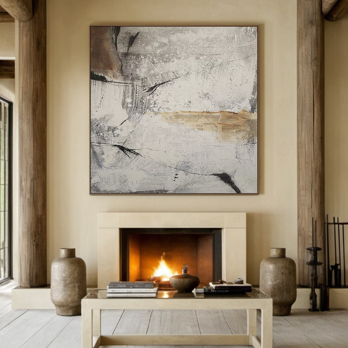 Ash Fragment Abstract Art – Textured Neutral Brushwork Canvas – AURA032