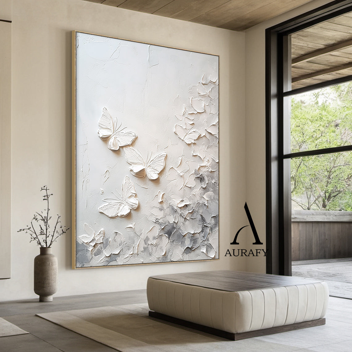 3D Textured Beige Butterfly Painting High-Relief Tactile Surface Modern Organic Minimalist Luxe Art AURA532