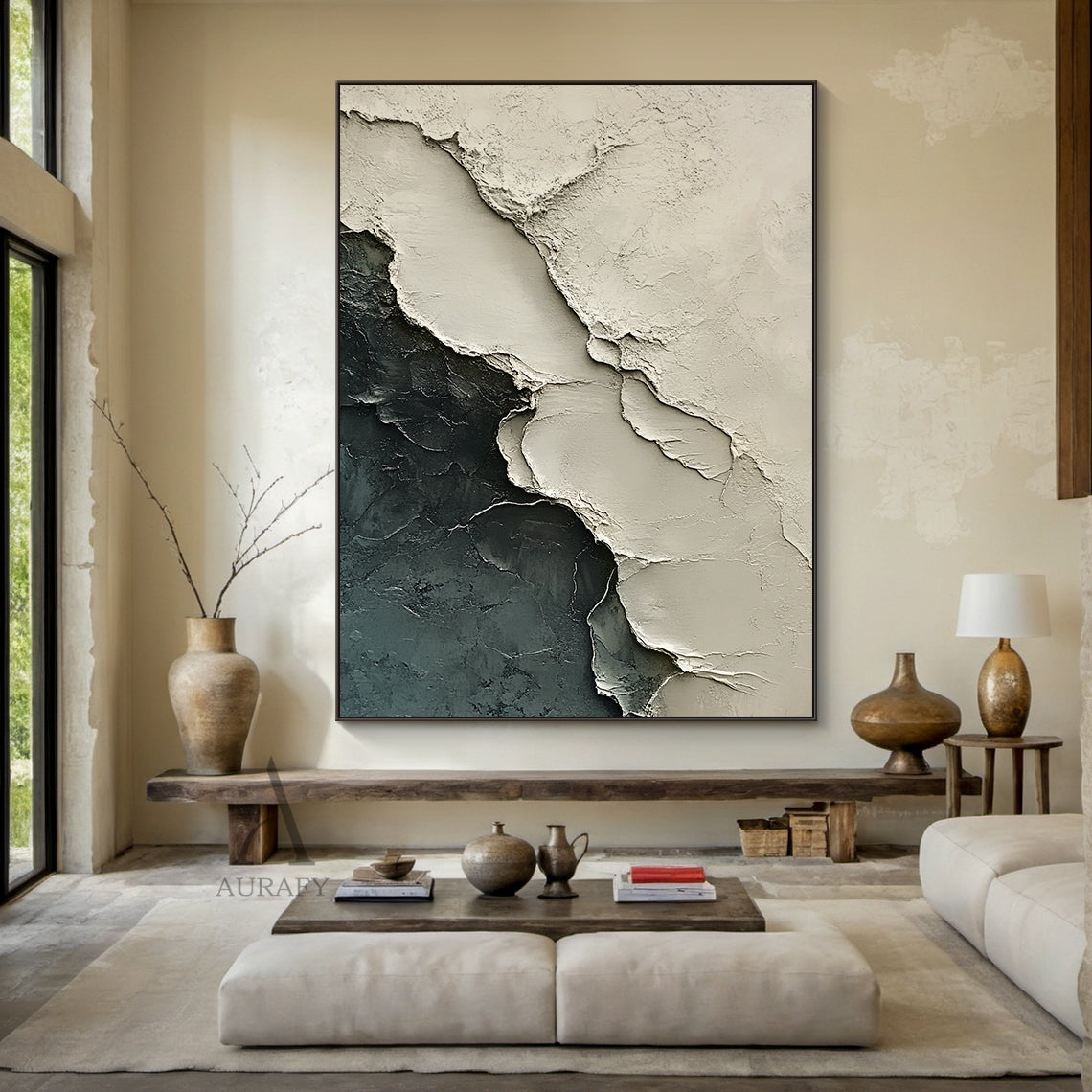 Abstract Landscape Art Impasto Cracked Texture Beige Black Wabi-Sabi Tactile Canvas Wall Decor AURA440