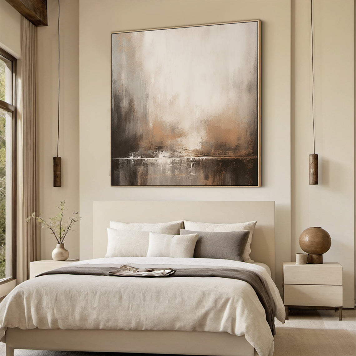 Wabi-Sabi Horizon Abstraction – Sandstone Umber & Mist Grey painting – AURA018(Vertical)