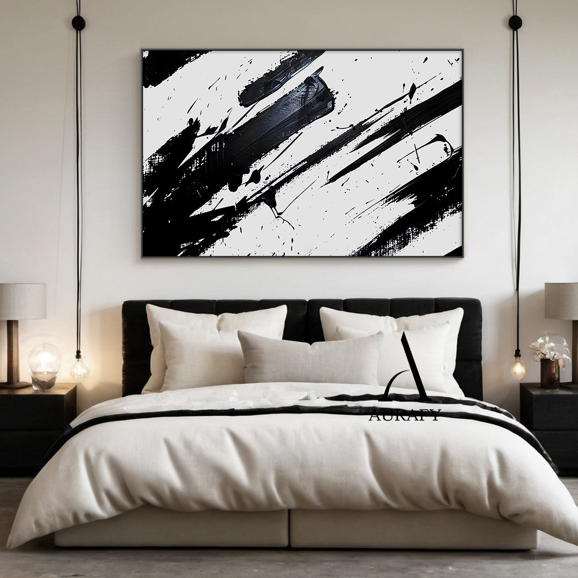 Minimalist Wall Art Black White Abstract Brushstroke Ink Splatter Dynamic Tactile Art AURA551