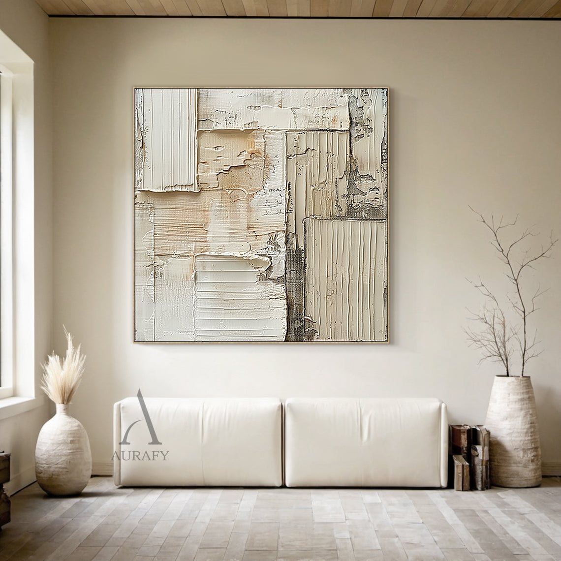 Weathered Grid, Beige Ridged Plaster Abstract Painting AURA868
